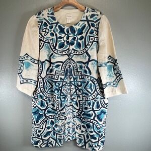 Chico's Women's artisan Printed Linen Jacket Size 1 US Size M/8 Cream & Blue